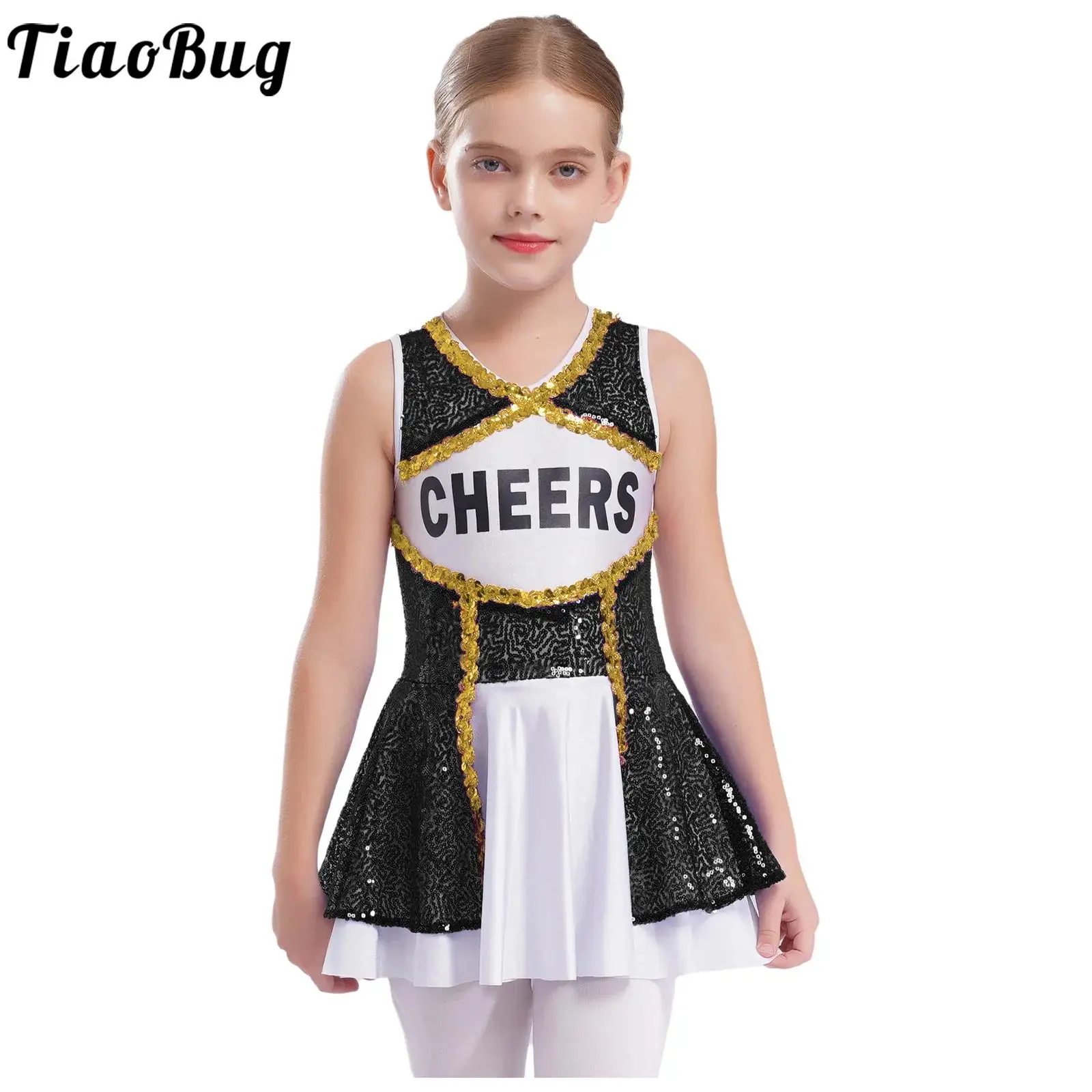 

Cheerleading Dance Sequins Dress Sleeveless Color Block Sparkling Sequins Dress Halloween High School Stage Performance Costume