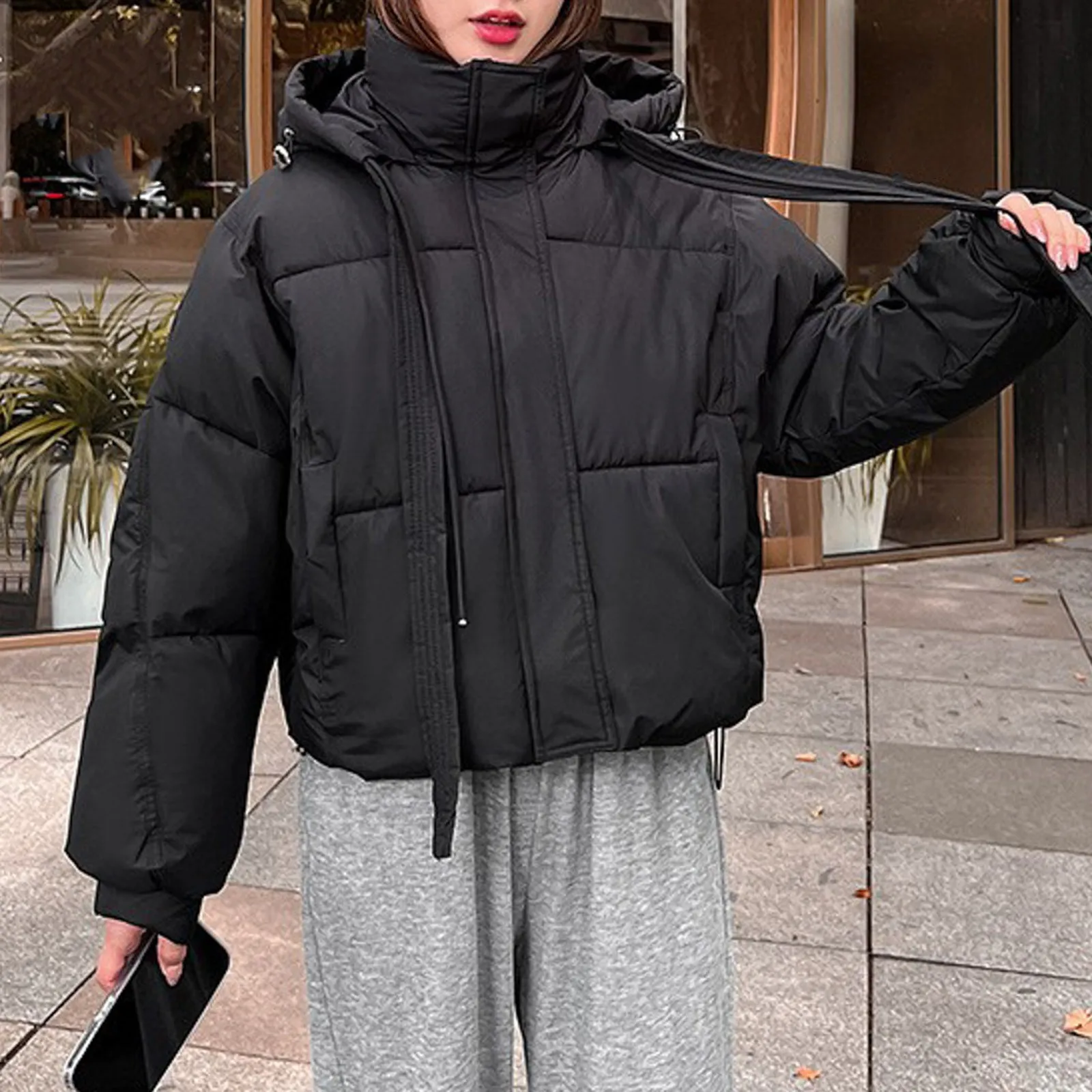 Women Korean Fashion Winter Padded Jacket Loose Long Sleeve Hooded Warm Coat Puffer Outwears For Women Streetwear Overcoat