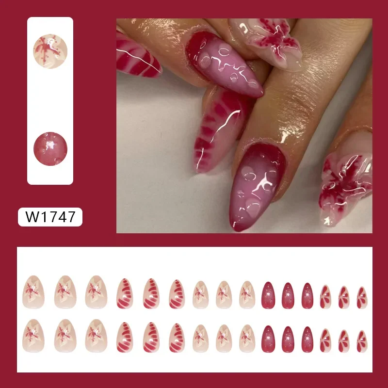 24 stuks witte bloem nep nageltips ins rode blozen ster valse nagel draagbaar volledige dekking 3D gouden amandelvormige druk op Franse nagel