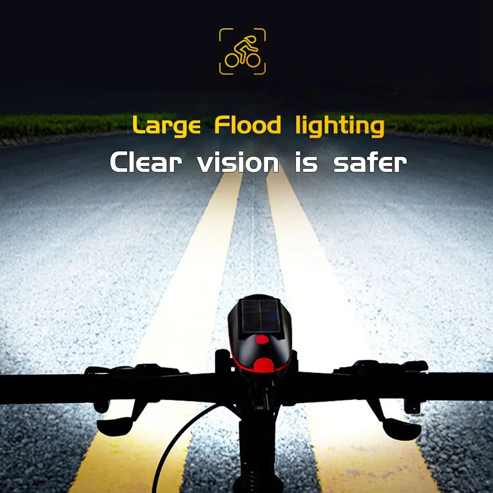 Solar Bicycle Headlight USB Rechargeable MTB Bike Solar Front Light with Horn for Night Riding Waterproof Bicycle Accessories