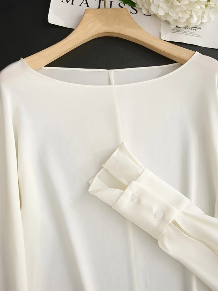 

Ele White Silk irt One-oulder Bud Sve Straight Cut Long Sve Button Detail Pure Color Commute Sle Women's Top