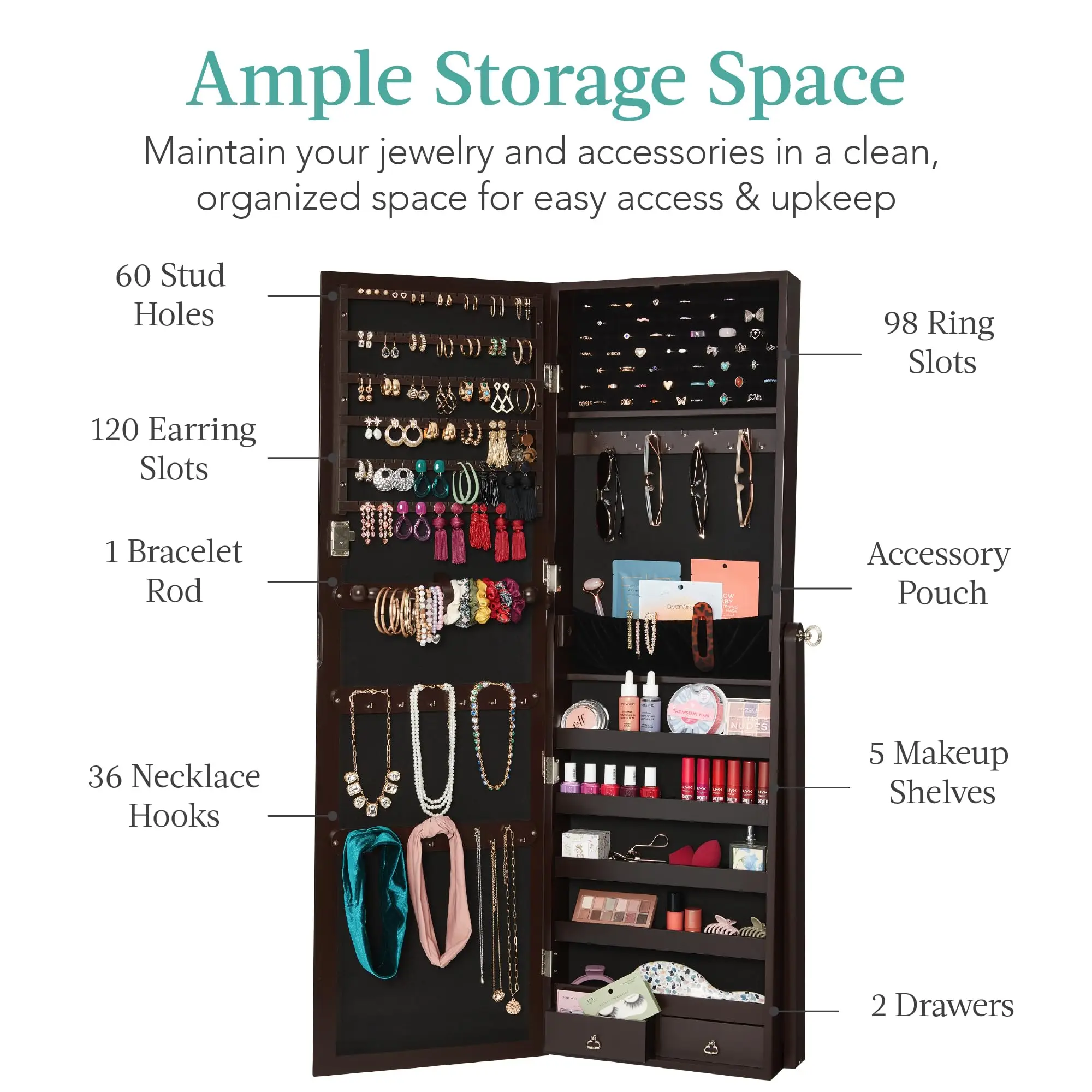 Freestanding Jewelry Armoire Cabinet, Full Length Standing Mirror, Lockable Makeup Storage Organizer, w/Velvet Lining
