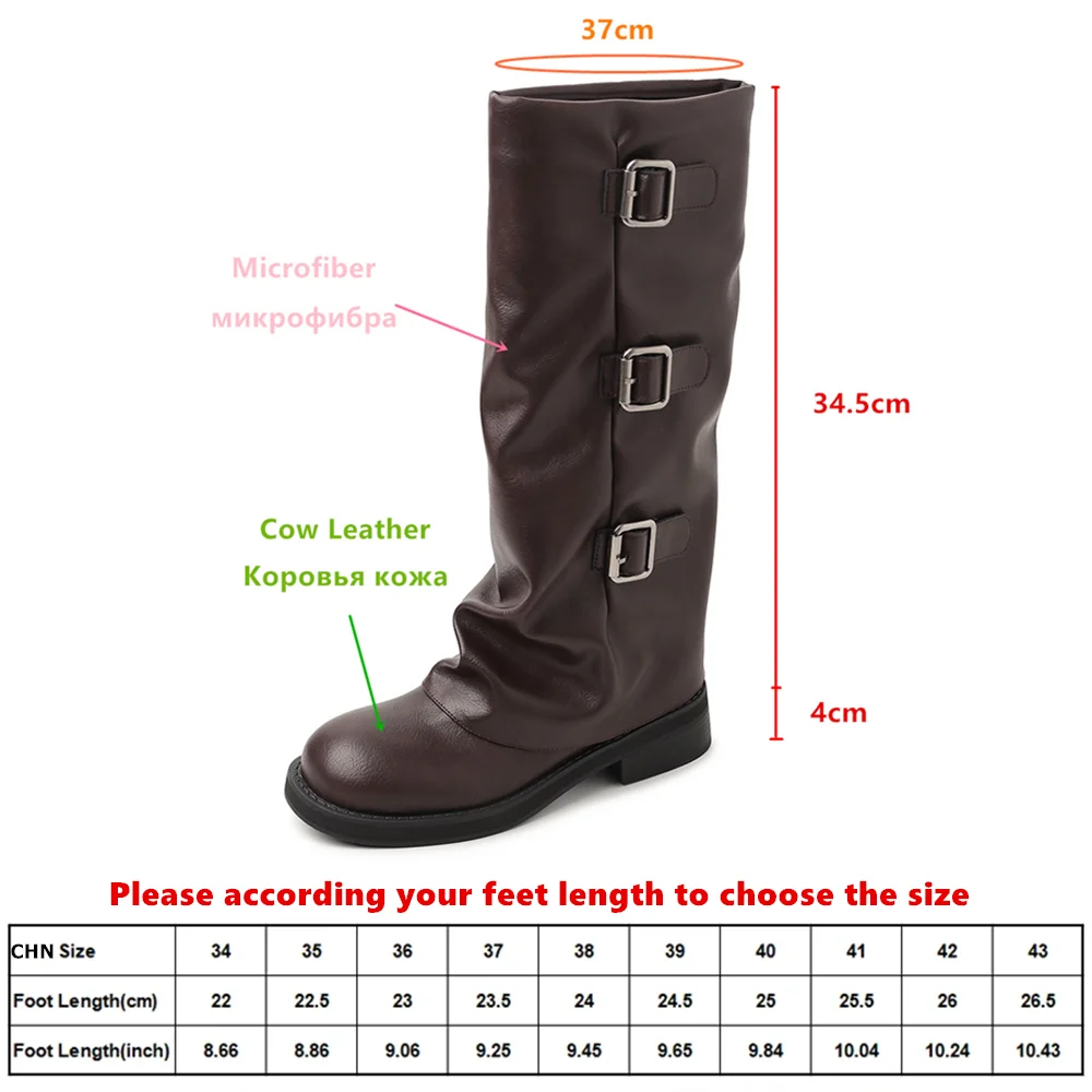 Aucegi Spring Autumn Brown Quality Leather Western Knee High Boots Belt Buckle Decorations Round Toe Slip-on Middle Heels Shoes