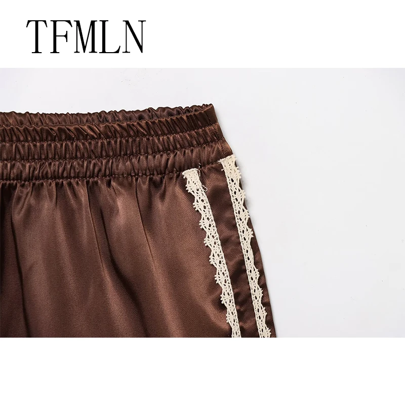 TFMLN 여성 새 여름 실크 레이스 반바지 팬티 모조 프릴 블루머 안티 노출 바지 로리타 새틴 속옷 반바지 드레스