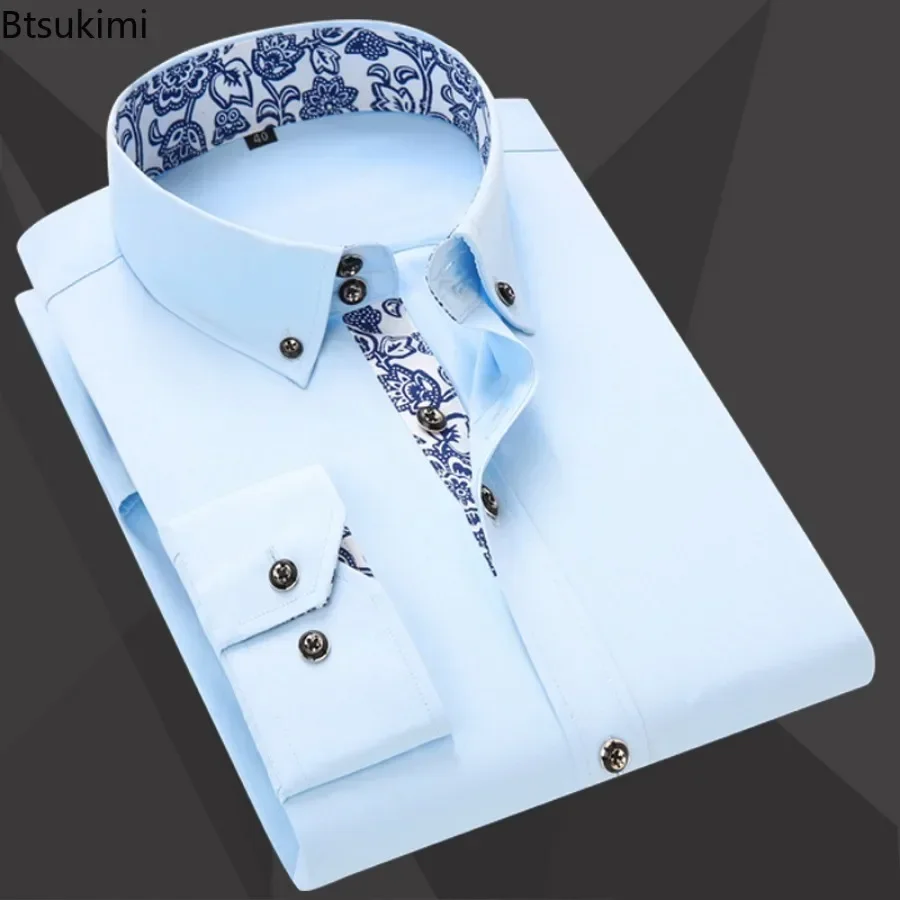 

2024 Men's Long Sleeve Dress Shirts Blue and White Porcelain Slim Formal Office Business Shirts Male All Match Shirts for Men