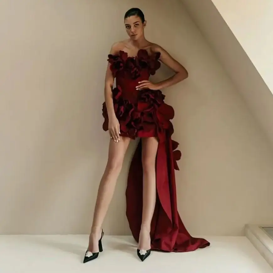 

Customized Sleeveless Evening Dress Short Boat Neck Prom Dresses Formal Occasion Ruffles Flower Applique Party Gown Robe Soiree