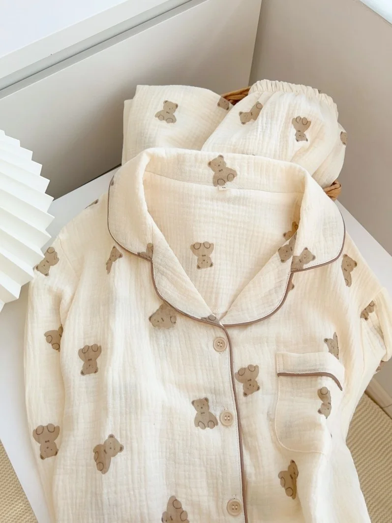 

Meet Little Bear | Cotton Crepe Spwear Women's Summer New Small Collar Long Sve Long Pants Home Clothes Two-Piece Set