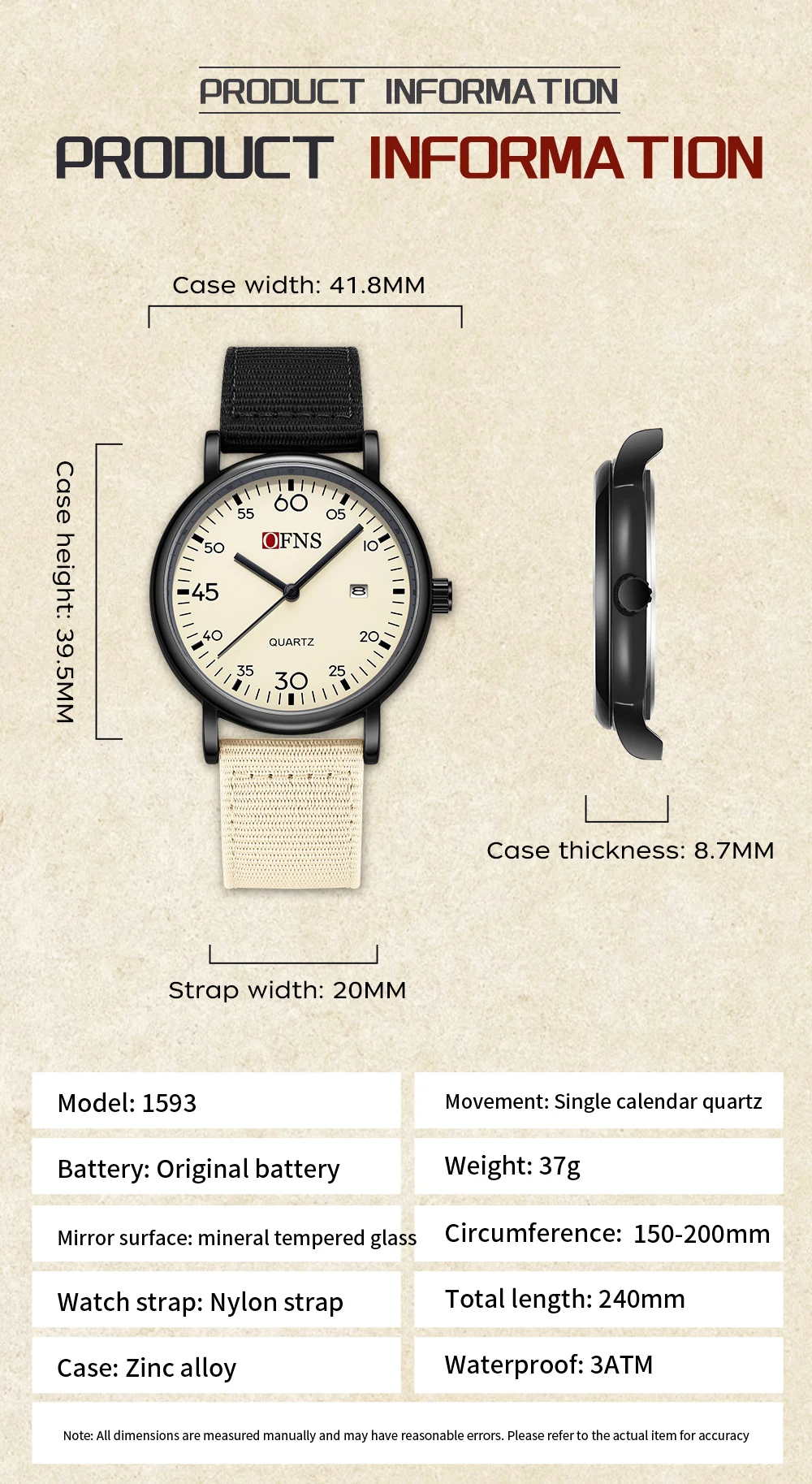 OFNS 1593 Student Watch Calendar 3ATM Waterproof, Lightweight, Retro, Color Contrasting, Lightweight, Durable, Large Numbers