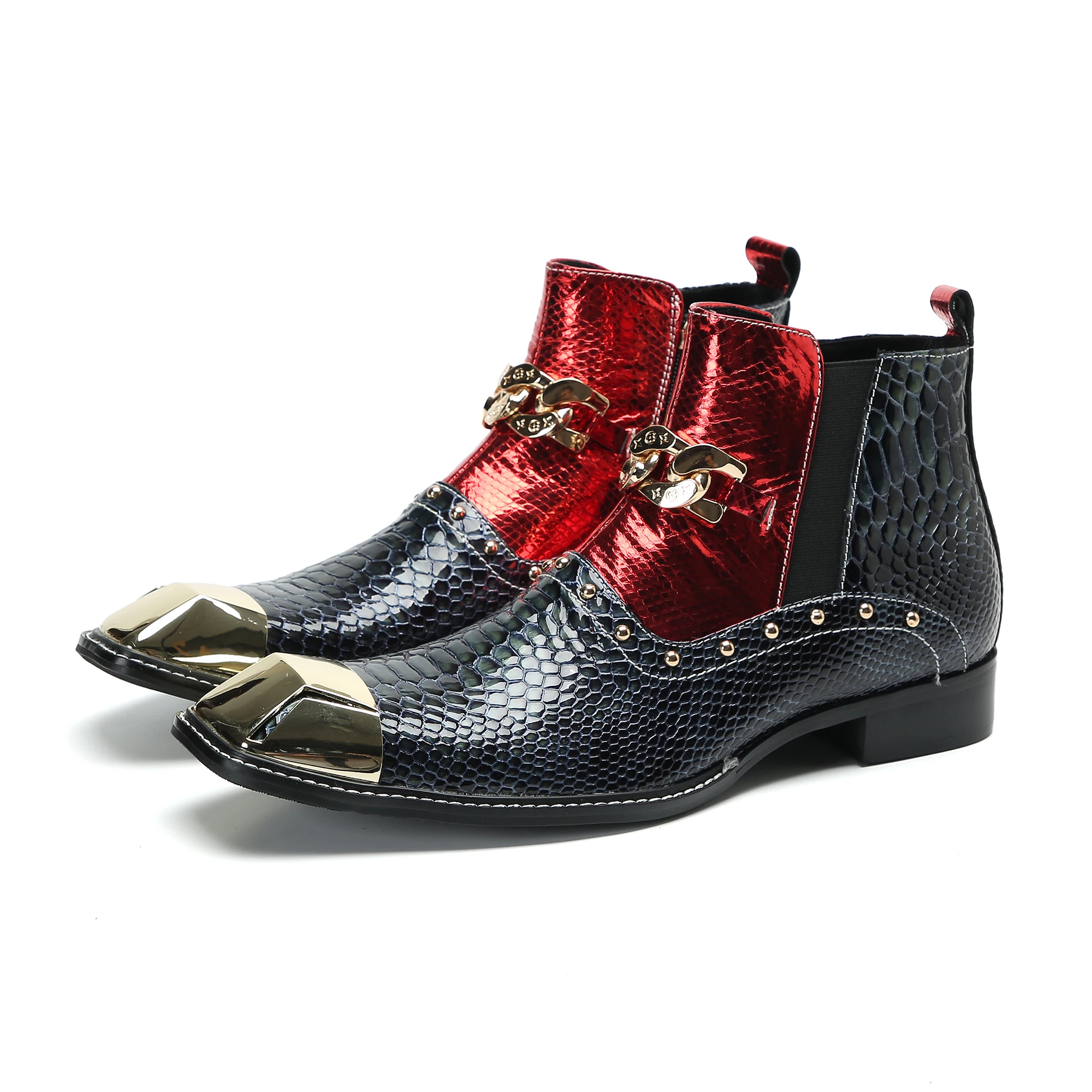 Fashion Metal Square Toe Man Genuine Leather Ankle Boots Large Size Rivets Wedding Party Dress Shoes Men Motorcycle Short Boots