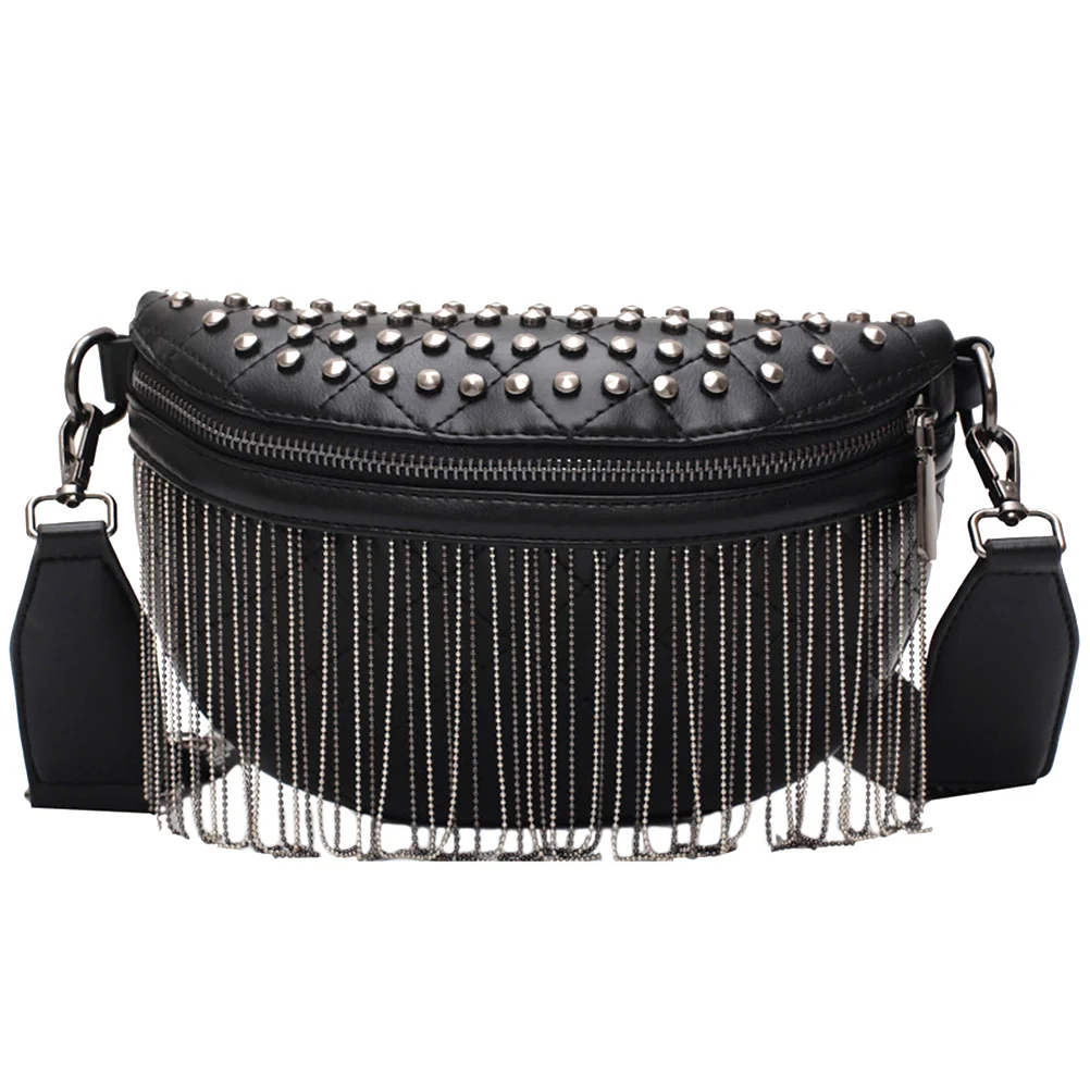 

Black Lightweight Chest Bag Fanny Pack with Rivet Tassel Large Capacity Shoulder Bag Women Fanny Pack for Travel Pu