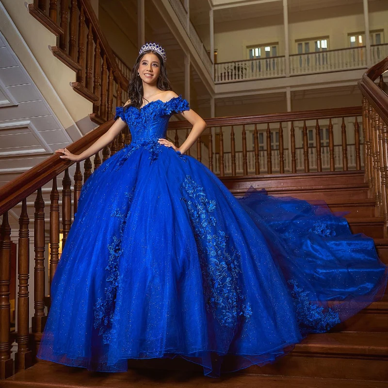 

Lorencia Royal Blue Shiny Princess Quinceanera Dress Ball Gown 3D Floral Lace Bead Corset Sweet 16 Vestidos 15 De XV Años YQD533