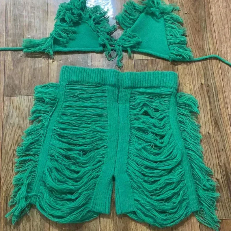 GUWU Knit Ribbed Tassel Ripped Hole Shorts Set for Women Sexy Halter Bra Top Matching Two Piece Set Outfit Beach Swimsuit