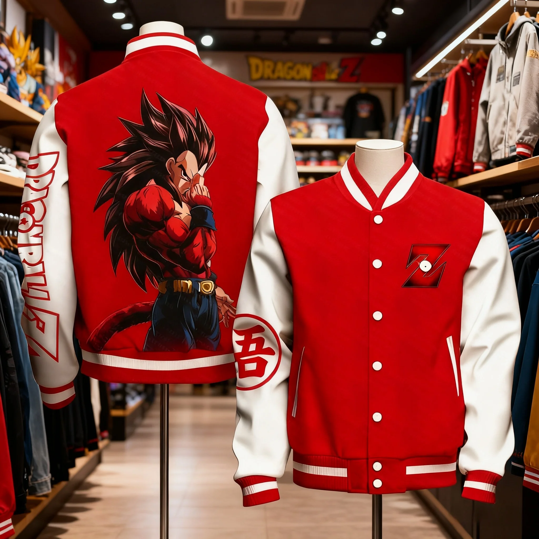

Unisex Baseball Jacket with Dragon Ball Z Character Dynamic Back Print Spiky Hair Martial Arts Pose and Japanese Kanji Sleeve