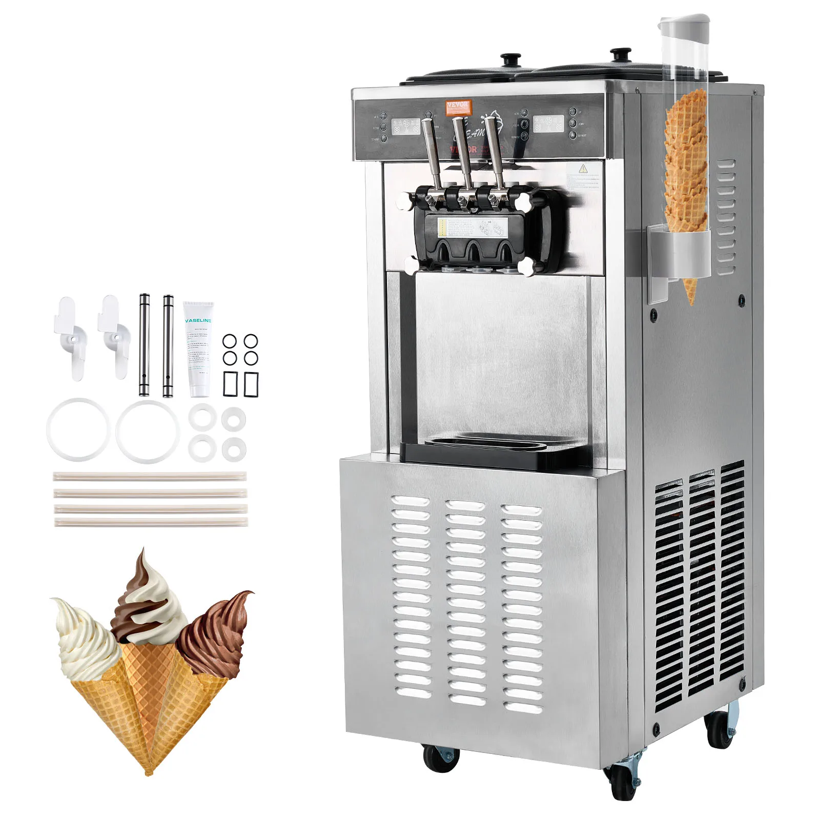 VEVOR Commercial Soft Ice Cream Machine 3 Flavors PreCooling LED Panel Allows Single Cylinder Use Overnight Refrigeration