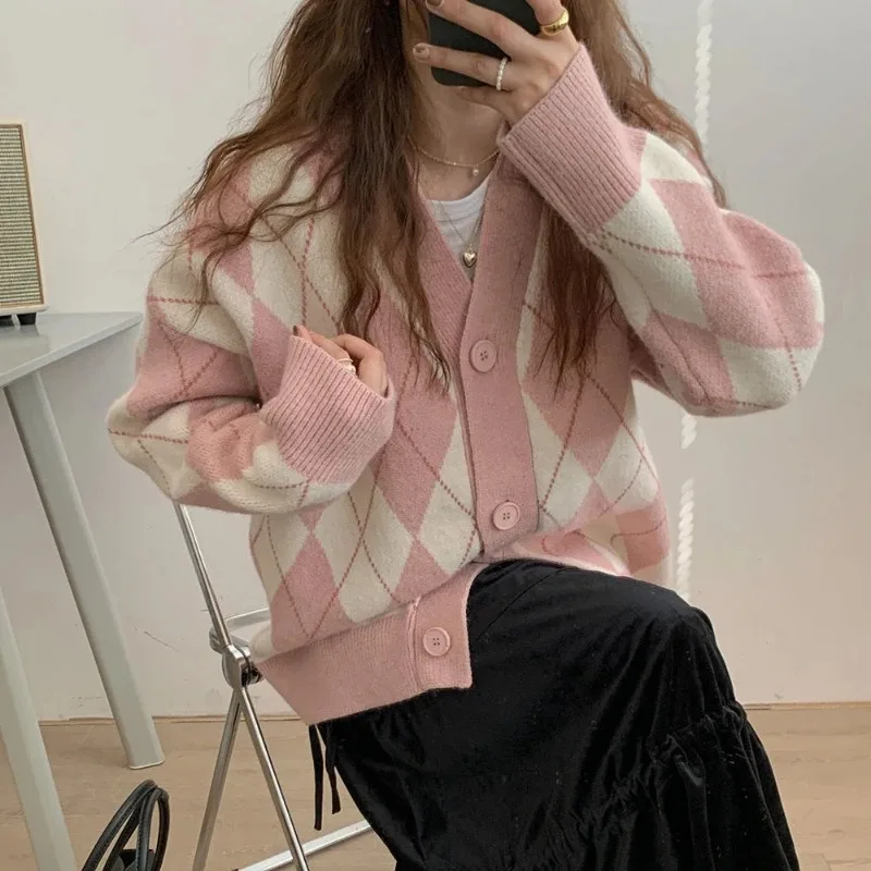 Diamond Knitted Cardigan for Women Autumn New Sweaters Korean V Neck Warem Loose Sweater Coat Pink Women\'s Oversized Cardigan