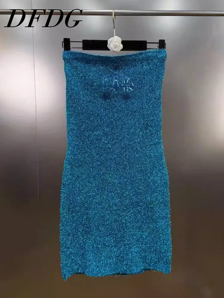 DFDG Damska Letnia Turkusowa Sukienka Bez Ramiączek z Cekinami, Obcisła Mini Sukienka, Błyszcząca Sukienka na Imprezę, Modna Sukienka Klubowa 2025, Kobieca Moda