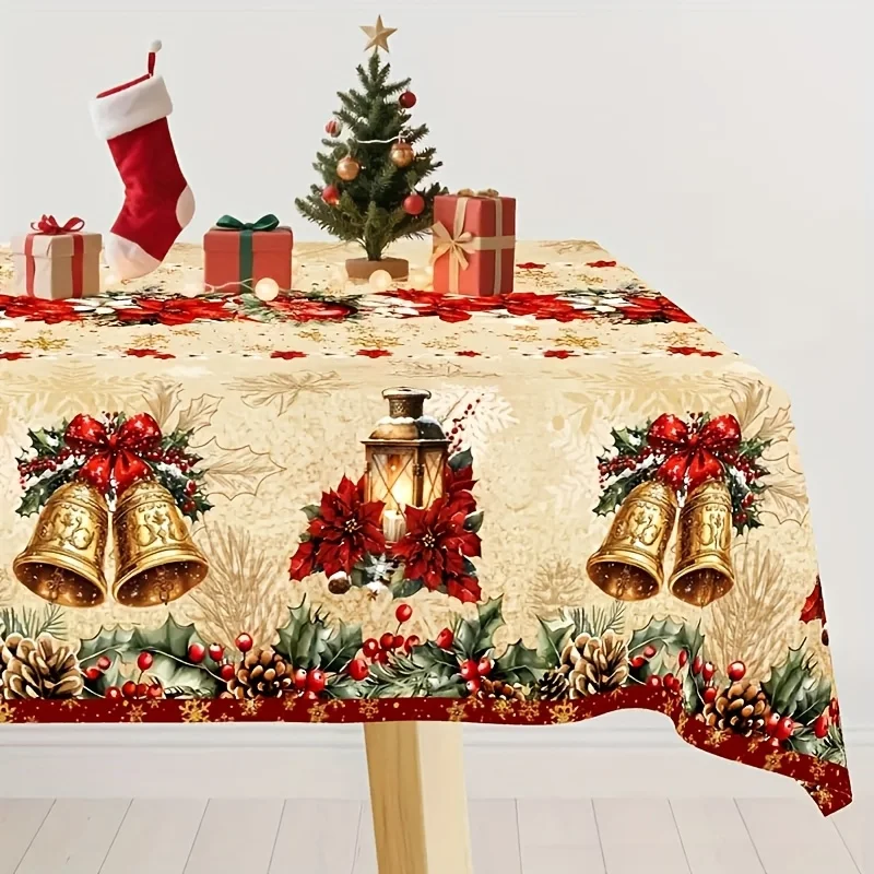Vintage Christmas Tablecloth Santa Reindeer Bells Durable Polyester Rectangular Holiday Dining Decor Indoor Machine Washable Now