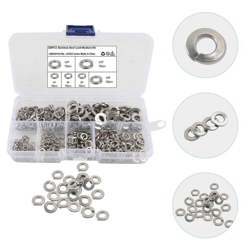 

350 Pcs Spring Washer Washers Set Set Assortment Gasket Kit for Screws Bolts Nuts Fastening Stainless Steel Lock Washers