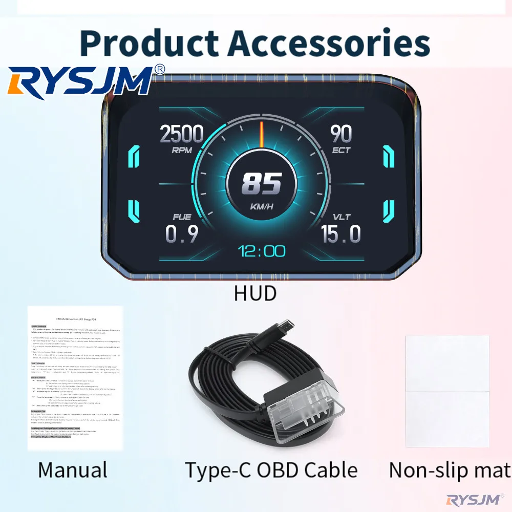 P30 OBD2 HUD Upgraded Car Head Up Display Water Temp Voltage RPM Meter Overspeed Alarm With RGB Ambient Light & Touch Buttons
