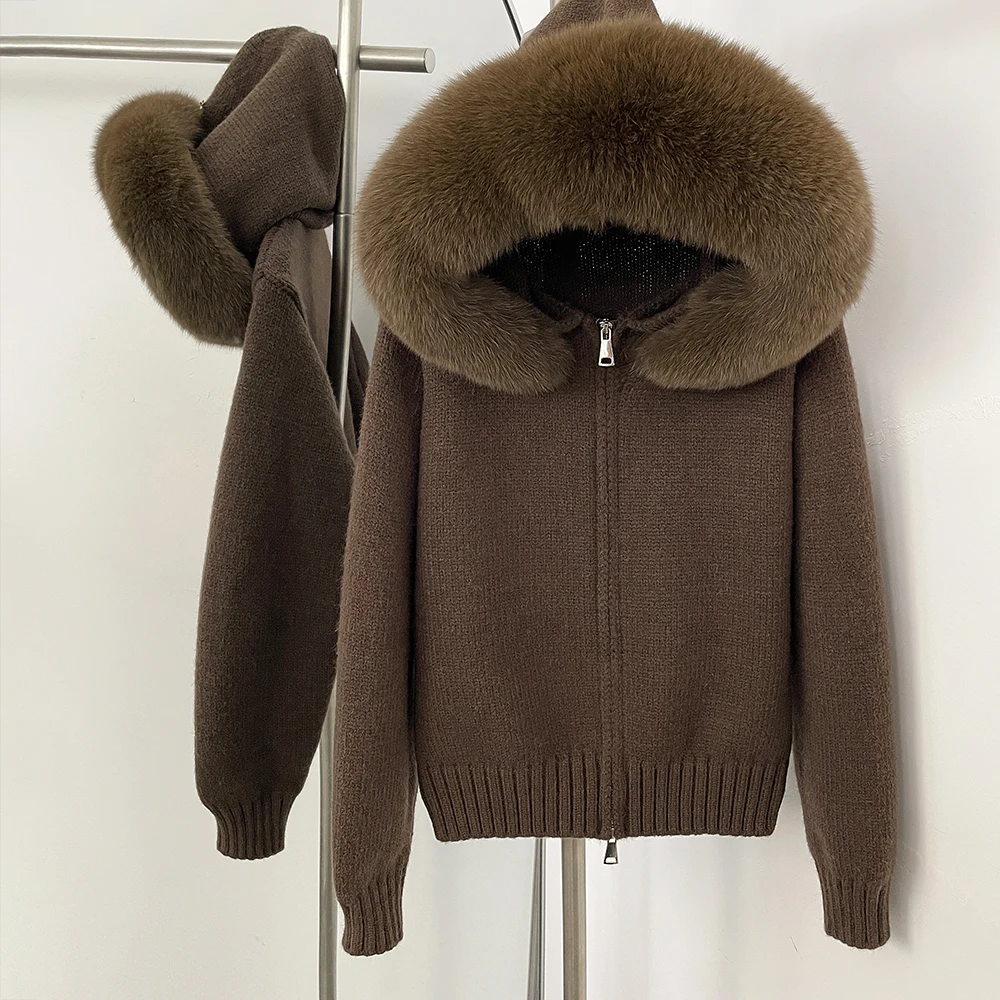 Womens Wool Blend Sweater Oversized Knit Natural Fox Fur Coat Women Real Fur Collar Knitwear Female Spring Autumn Hooded Knitted - view 2