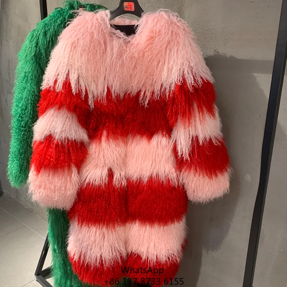 Winter Luxury Fur Coats Real Sheep Fur Coat Long Women's Red And Pink Fur Jackets