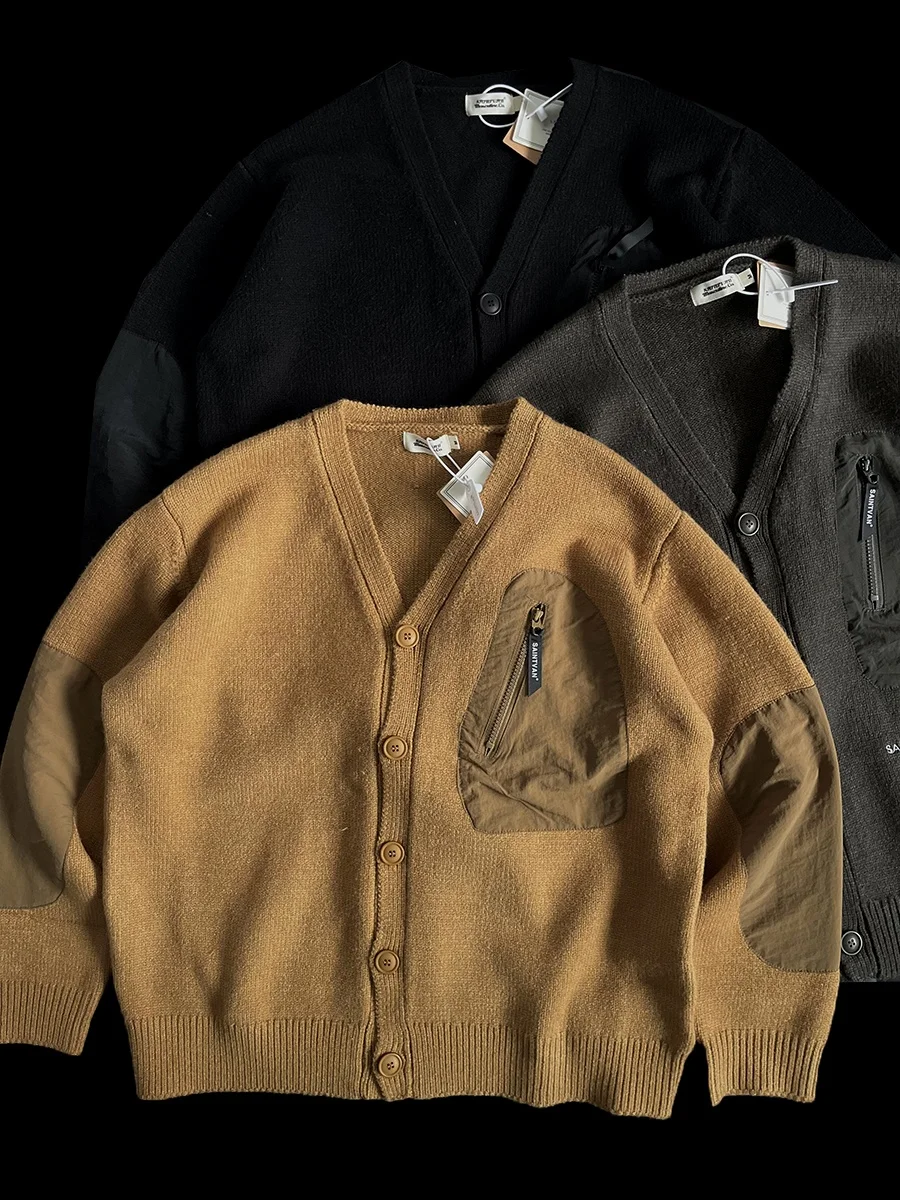 

Thiened Patchwork American Retro V-ne Knitted Open Cardigan Functional ket Workwear Loose Sweater Warm Outerwear