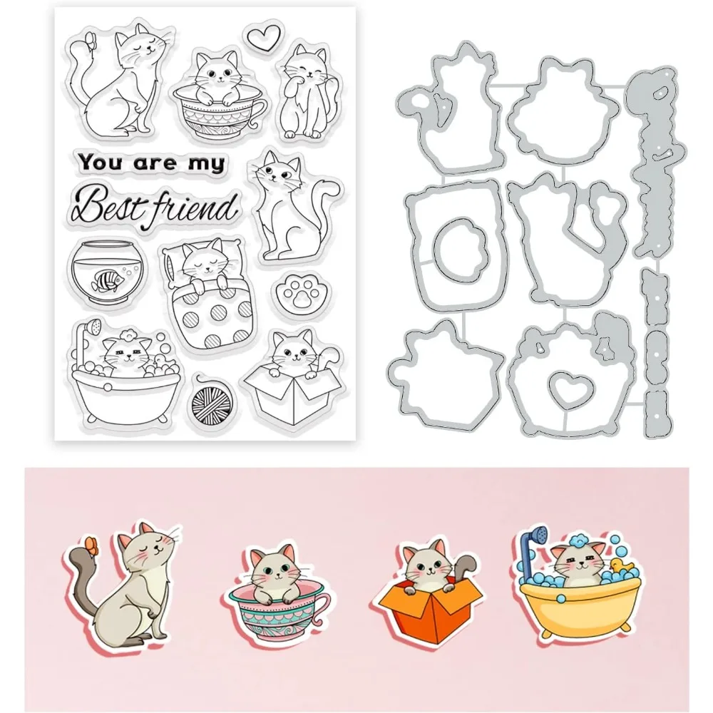 2pcs Cat Pattern Stamps and Metal Dies for Card Making, Cat Bathing, Playing and Sleeping Clear Stamp and Cutting Die Sets