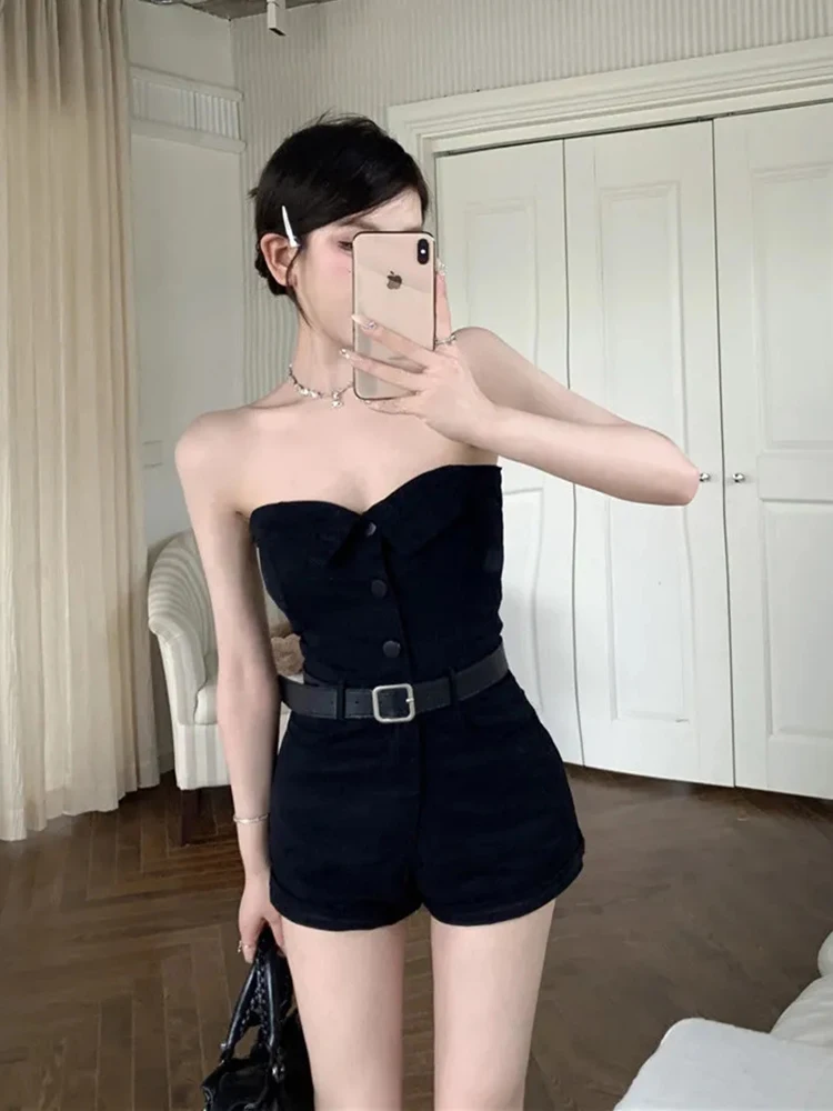 Black One Shoulder Strapless Jumpsuit Women Summer New Hottie Temperament Casual Tube Top High Waist Slim Wide Leg Shorts