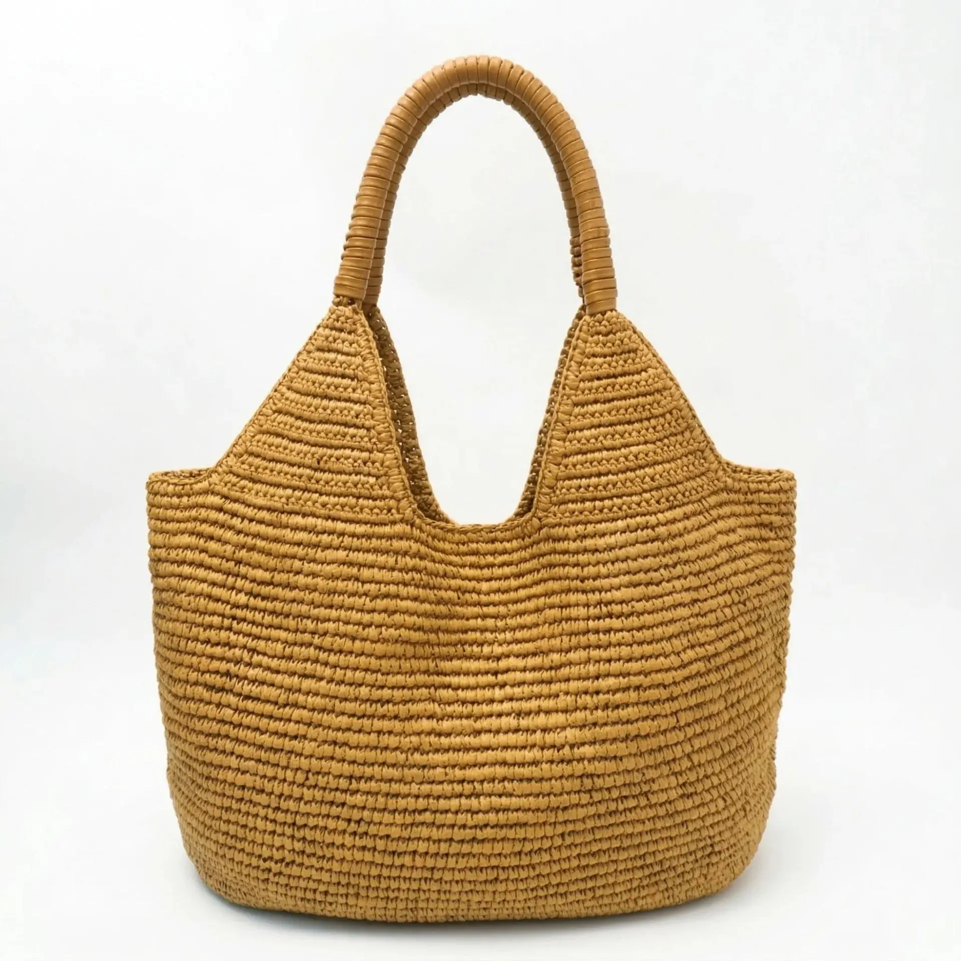 Large Capacity Straw Tote Bag Beach Shoulder Bag Casual Travel Soft Oval Shape Double Strap Vintage Women's Handbag