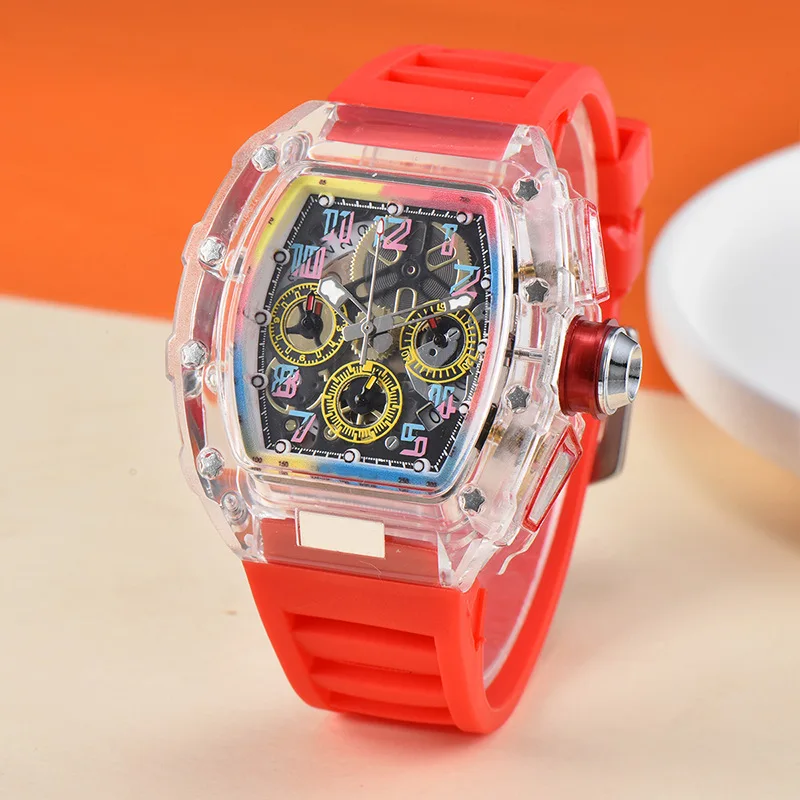 YFY high-value fashion trend quartz watch men's transparent colorful wine barrel-shaped men's watch