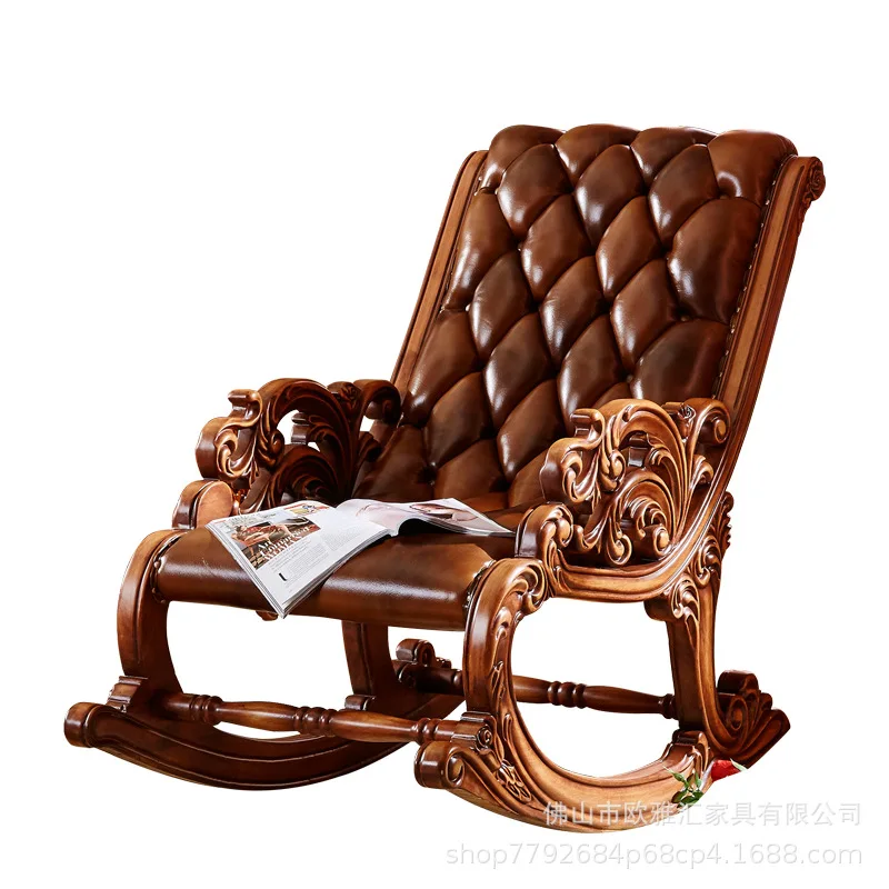 

YJQ European full solid wood carving flower rocking chair luxury home leisure American recliner leather sofa chair combination