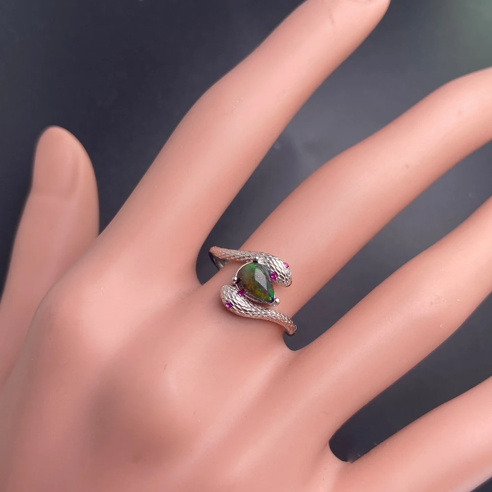 Vintage Snake Natural Black Opal Rings Sterling 925 Silver Gemstone 6*8mm for Women Birthday Party Jewelry Gift