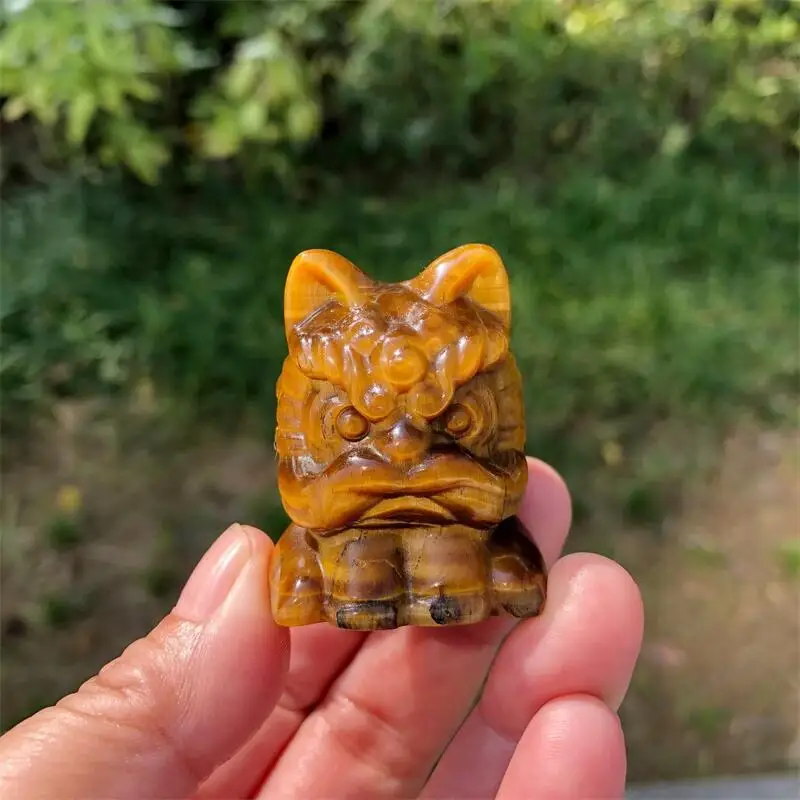 Natural Yellow Tiger Eye Stone Dancing Lion Carving Ornaments Statue Healing Fengshui Gem Crafts For Home Decoration Gift 1PCS