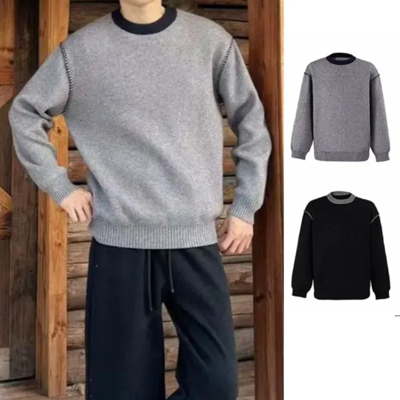 Autumn Winter Color-Block Crew Neck Knit Sweater Men's Premium Base Layer Casual Top