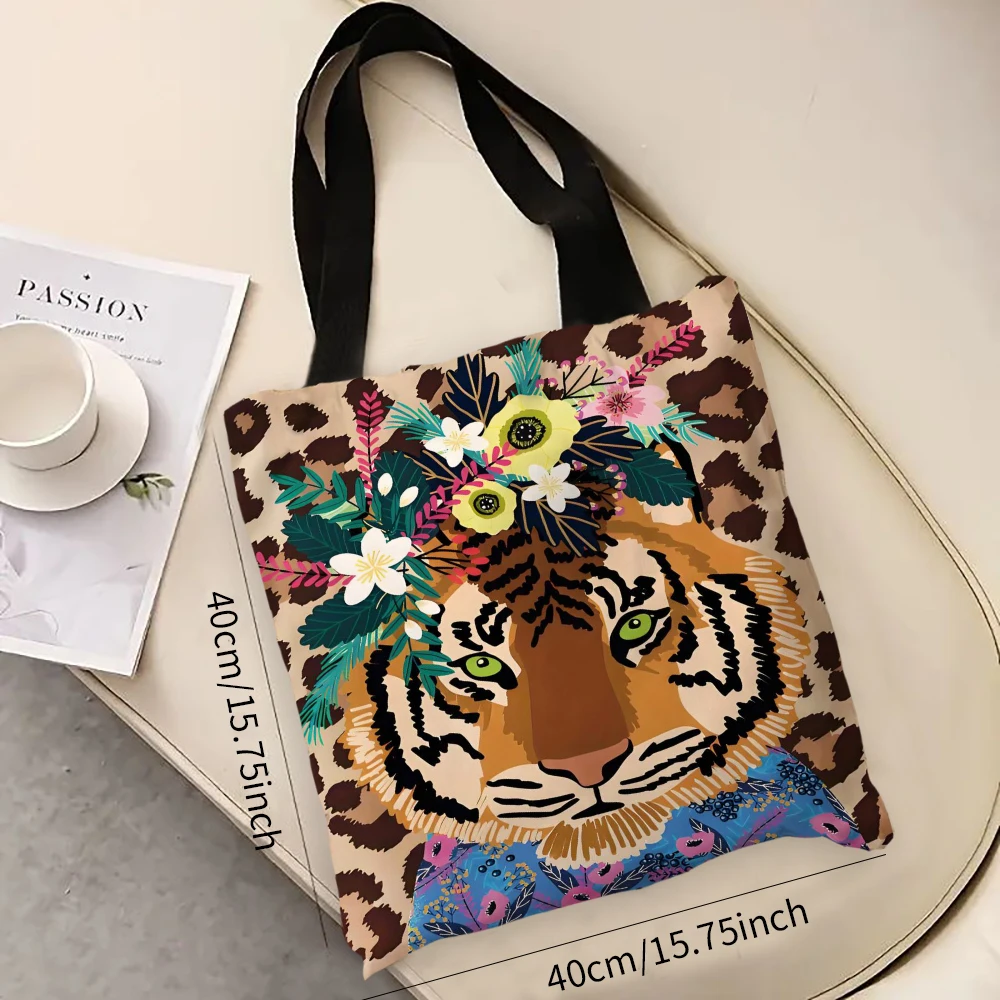 عنصر الحيوان 1 قطعة توضيح نمر يرتدي إكليلًا، حقيبة حمل خلفية بطبعة الفهد، مثالية للتسوق