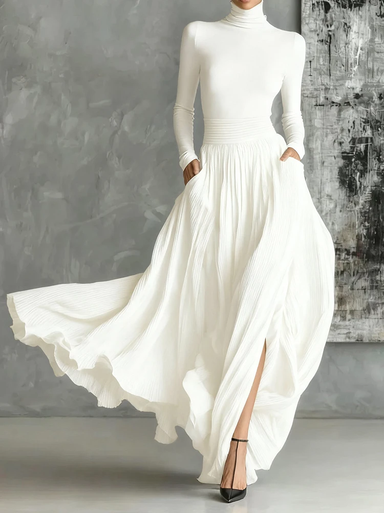 ชุดเซ็ต 2 ชิ้น เสื้อคอเต่าแขนยาวและกระโปรงยาวทรงแม็กซี่ สำหรับผู้หญิง สไตล์เรียบหรู ใส่ได้ทั้งฤดูใบไม้ผลิและฤดูใบไม้ร่วง เหมาะสำหรับวันหยุดพักผ่อน แฟชั่นทันสมัย