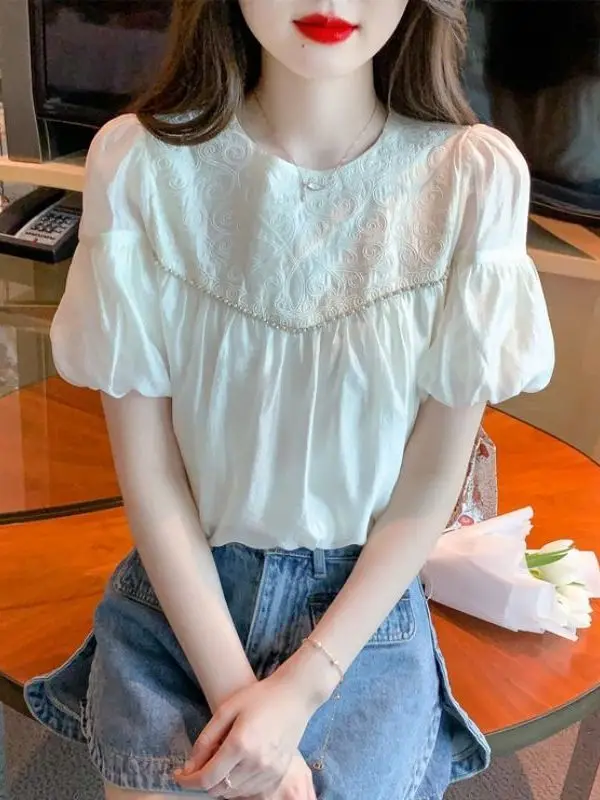 chemise-en-chiffon-retro-a-manches-bulles-pour-femme-design-tendance-Elegante-anti-Age-ensemble-deux-pieces-Ete-2025