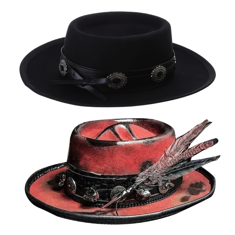 Gothic Woman Men Cowboy Hat with Decor for Halloween Elegant Lady Felt Skull Pattern Hat Windproof for Adult