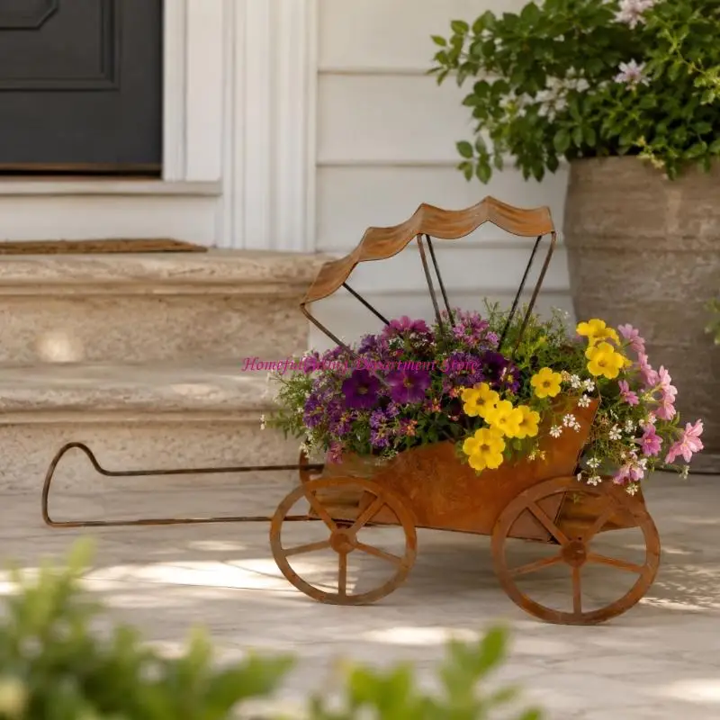 Flower Pot Cart in Metal With Pull Handle and Spoked Aged Holder for Small Pots in Balcony Porch Entry and Garden Area Use