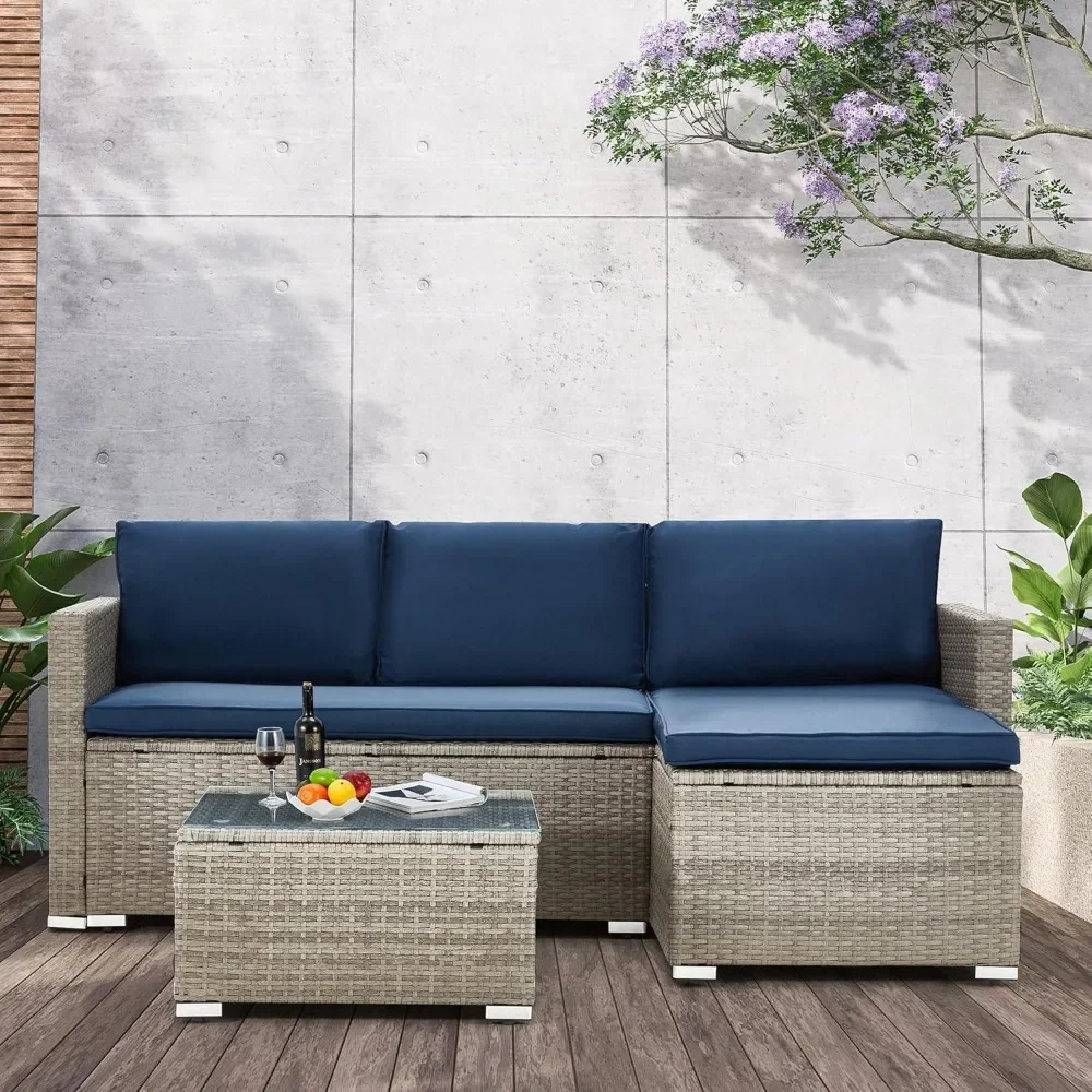 3-Piece All-Weather Patio Set - Wicker Sectional Sofa w/ Tempered Glass Table, Outdoor Conversation Group"​