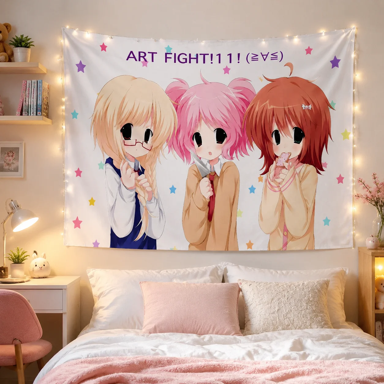 Art Fight Cute Anime Girls Tapestry, Pastel Star Print Kawaii Wall Hanging, Japanese Anime Aesthetic Wall Cloth for Bedroom Dorm