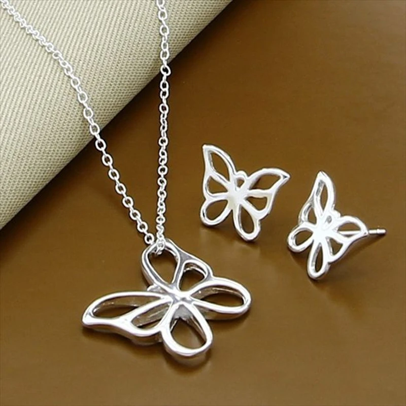 925 Sterling Silver Love Shape Necklace Ring & Ear Stud Set