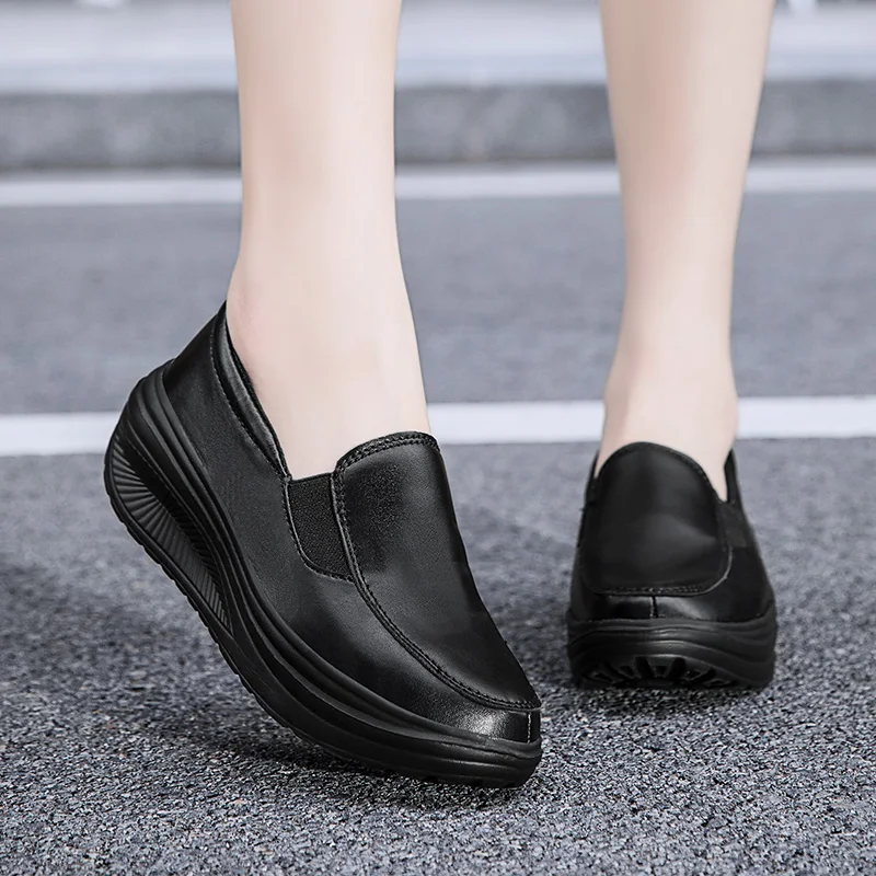 

Women's Shoes Spring PU Soft Outsole Work Shoes Female Black Swing Shoes Woman Plus Size Wedges Single Shoes2022