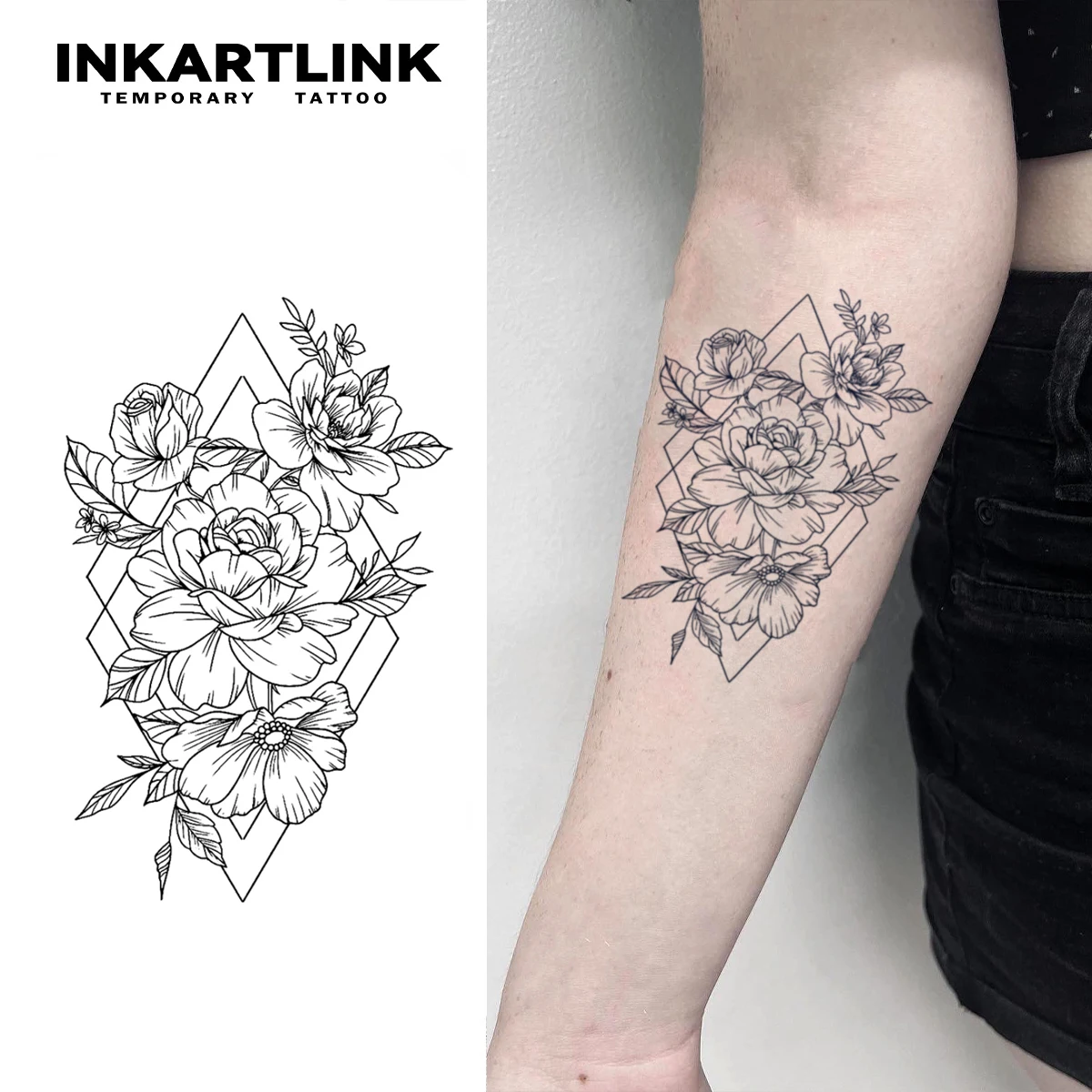 INKARTLINK Minimalist Flower Tattoo Patch 1-2 Weeks Long Lasting Geometric Diamond Line Waterproof Temporary Tattoo