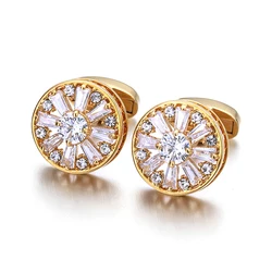 KFLK Brand High Quality for Mens Women Gold-color Round White Crystal Cufflinks Wedding Gift Button Guests female