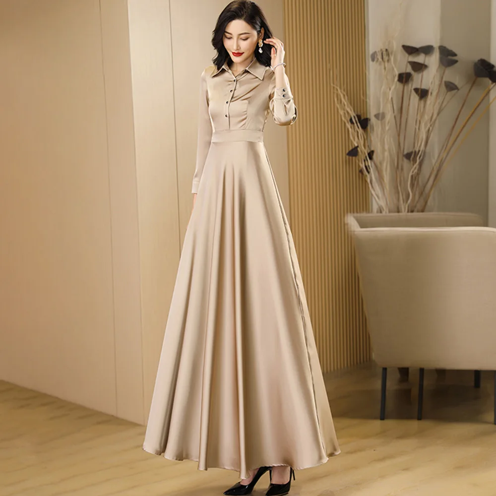 New Women Champagne Shirt Style Long Dress Spring Autumn Casual Fashion Acetate Satin Long Sleeve Dress Slim Overlength Dress