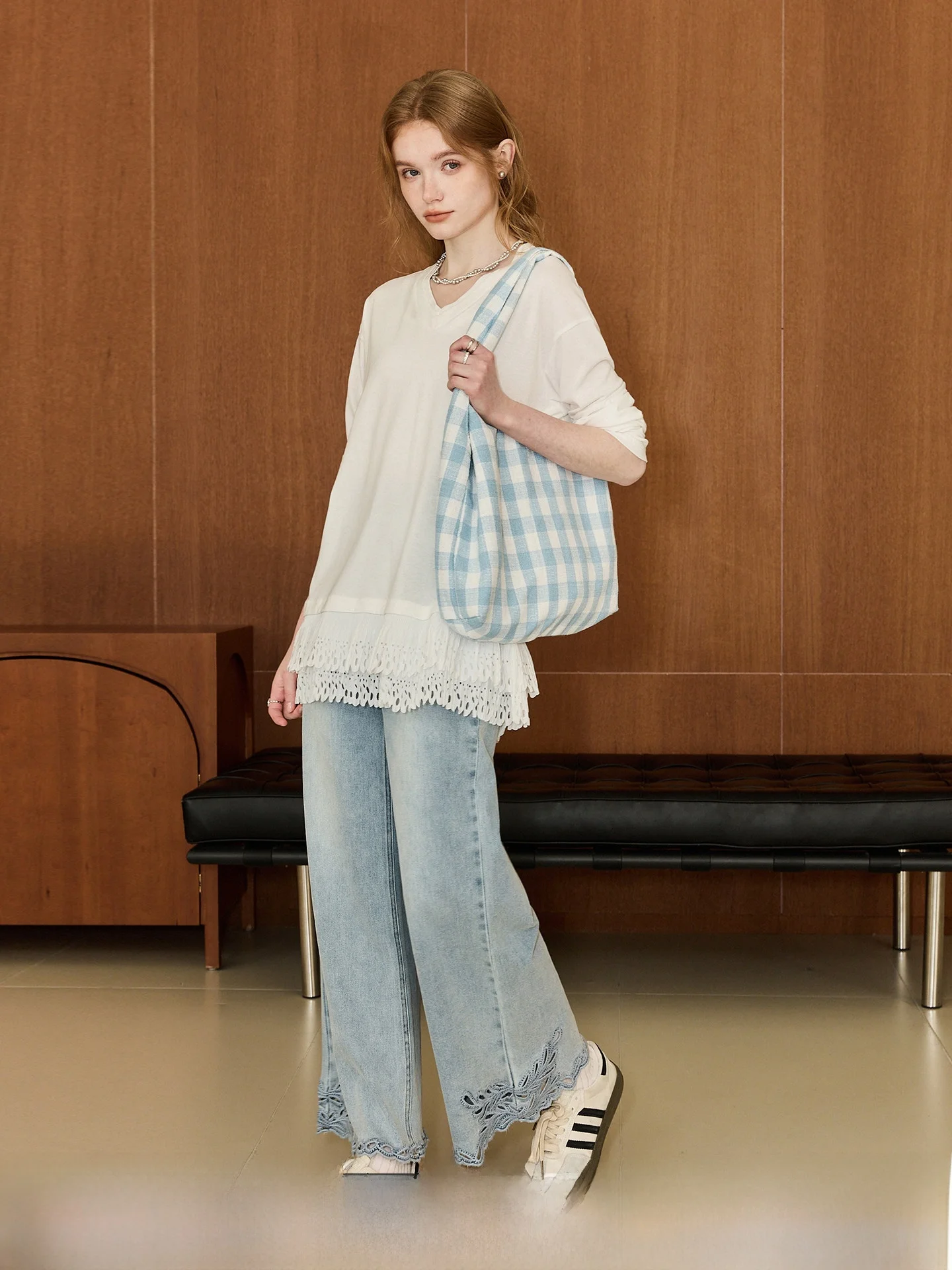 Blue And White Plaid Tote Bag Korean Style Casual Double Shoulder Strap Handbag Soft Fabric Box Shape Commuter Friendly