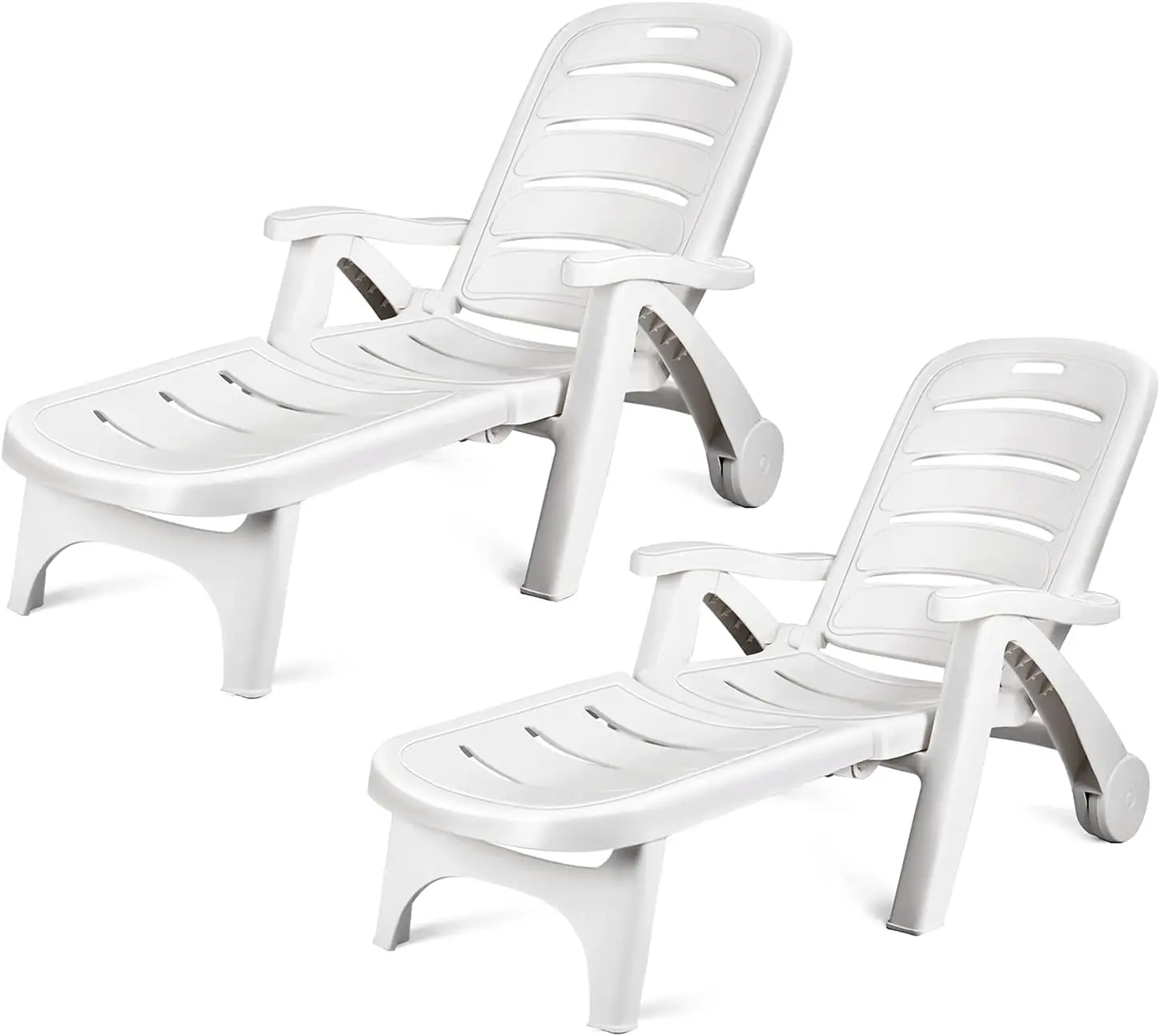 Giantex Folding Lounger Chaise Chair on Wheels Outdoor Patio Deck Chair Adjustable Rolling Lounger (2 White)