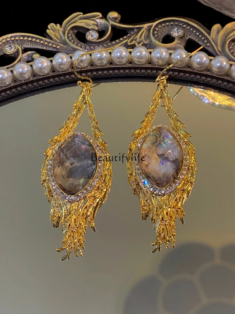 

Vintage French high-end micro-inlaid zircon fringed earrings with exquisite temperament