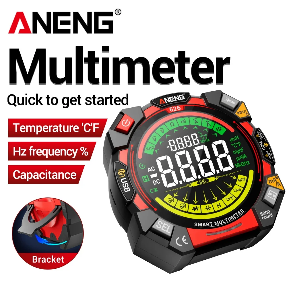 Multímetro de inteligencia 626 7MHz 600V AC/DC Detector de corriente de voltaje 20mF VA medidor de resistencia de Color prueba herramienta recargable USB
